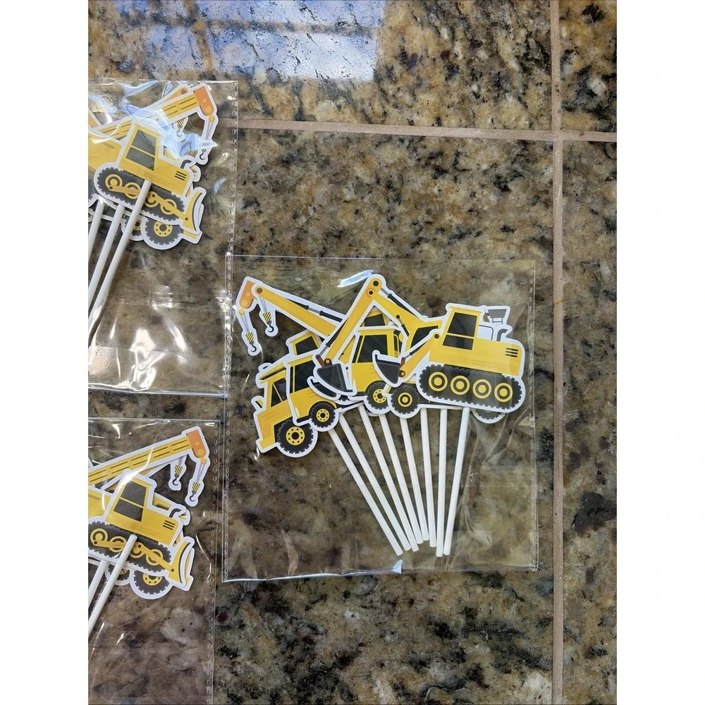 Yellow Construction Party Truck Crane Machine Digger Cupcake Toppers NEW 24-CT